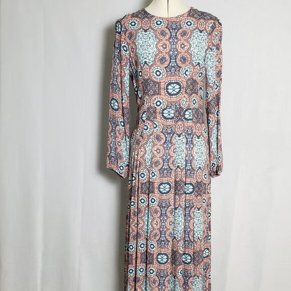 H&M Patterned Maxi Dress Boho Fitted Long Sleeve Multicolored Size 10 - Picture 1 of 13